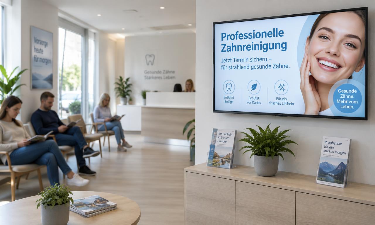 Digital Signage im Wartezimmer einer Arztpraxis mit Promotion zur professionellen Zahnreinigung