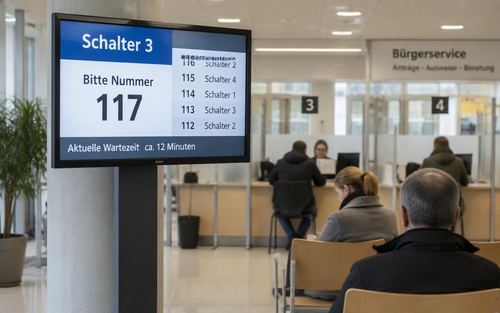 Digital Signage im Bürgerbüro mit Wartenummern und Schalterstatus