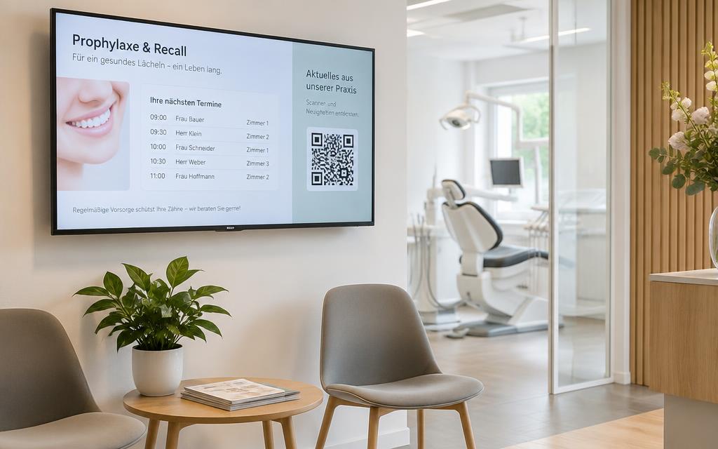 Digital Signage in einer Zahnarztpraxis mit Terminerinnerungen